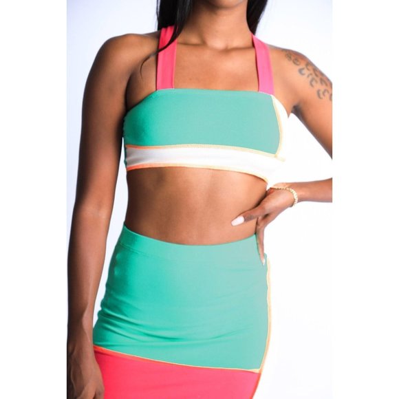 Women's Binding Detailed Color Block Wide Strap Crop Top And Matching Skirt Set - Picture 2 of 15